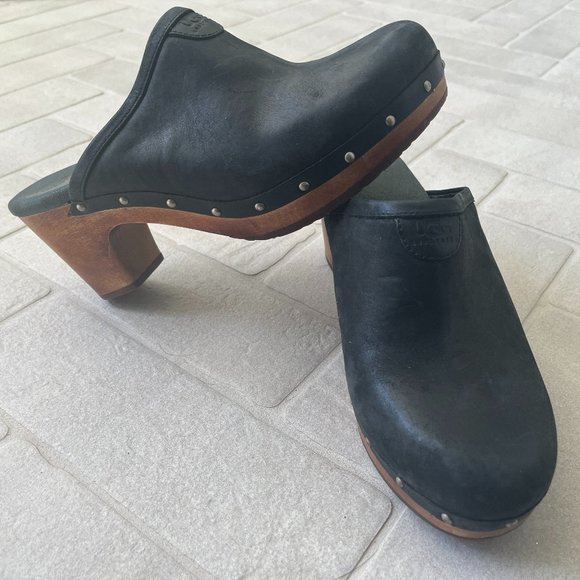 Black Wooden Heel Size 8 Seude Ugg Clogs - Picture 1 of 5